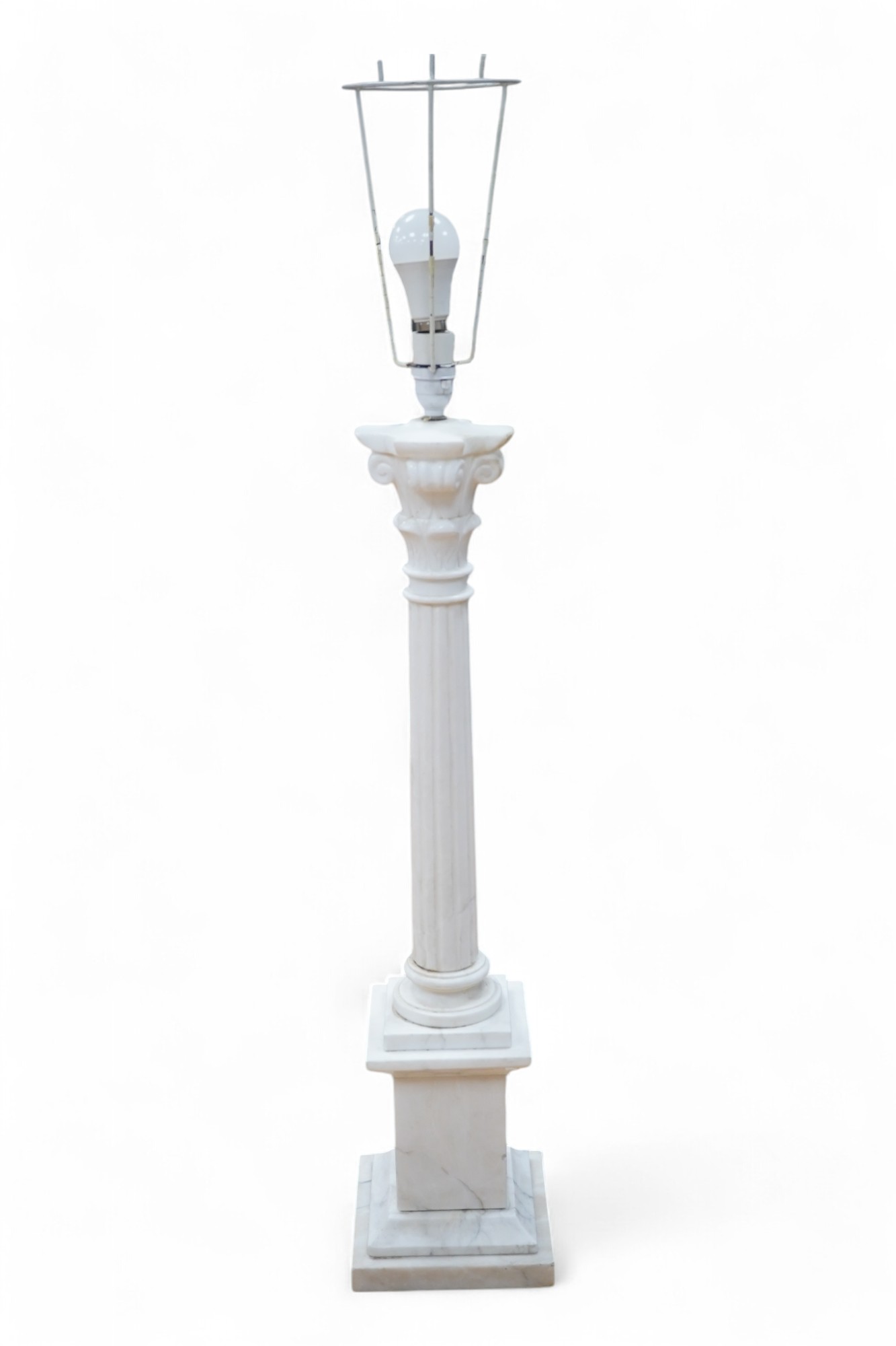 A large white marble Corinthian column table lamp, 80cm high. Condition - small section broken and the reglued to stem